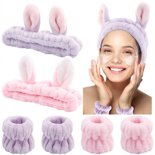 YISSION 6Pcs Face Wash Headbands and Wristbands Set Bunny Ears Headbands Spa Headband Makeup Headband Skincare Headbands with Wristbands for Women Girls Washing Face(Pink Purple)