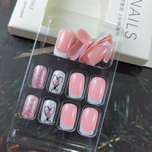 French Tip Press on Nails Valentine Medium Square Fake Nails Pink Glue on Nails with Pink Heart and Glitter Designs False Nails 24 Pcs Acrylic Stick on Nails for Women Girls