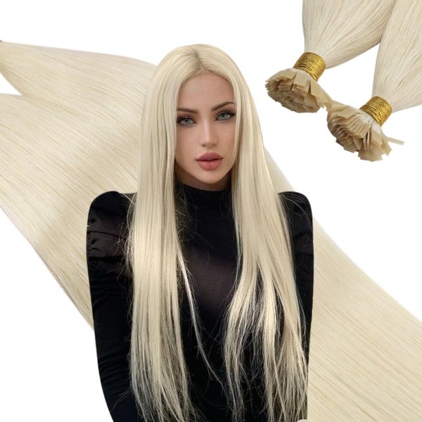 Ugeat Hot Fusion Hair Extensions Human Hair 14 Inch Flat Tip Hair Extensions Human Hair #60 Platinum Blonde Hair Extensions Pre Bonded Hair Extensions Real Human Hair 50 Grams 50s