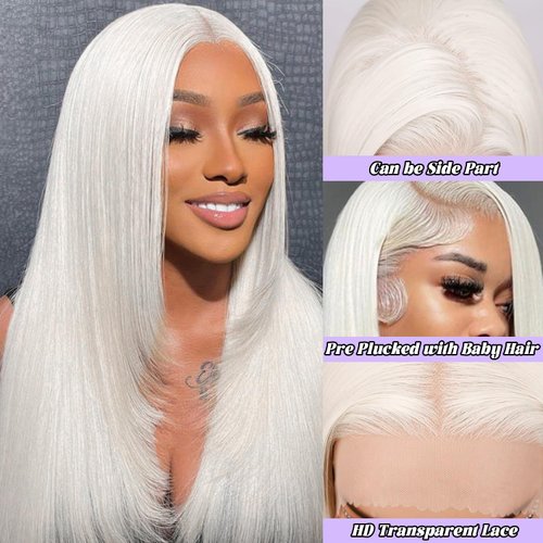 FINMOO Platinum Blonde Lace Front Wigs Human Hair Pre Plucked #60 Straight Human Hair Wig 13x4 HD Transparent Lace Frontal Wig Glueless Silver Lace Front Wigs for Women 4 Inch 180 Density