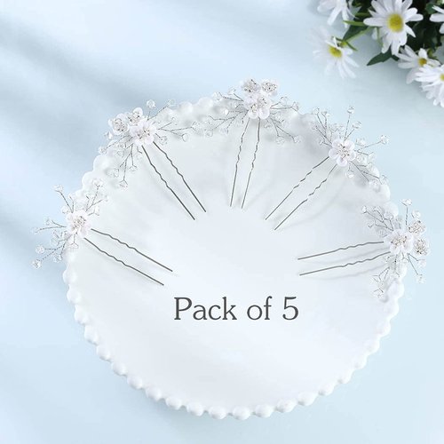 Yean Silver Bride Wedding Hair Pins Flower Bridal Hair Pieces Rhinestone Hair Accessories Prom Hair Clips for Women and Girls(Pack of 5)