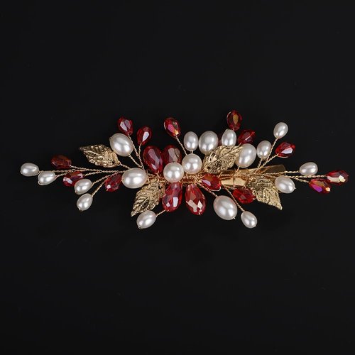 BERYUAN Pearls Red Crystal Leaves Hair Clips Crystal Rhinestone Pearls Hairpiece Wedding Leaves Rhinestone Pearls Comb Clips Wedding Bridal Hair Clips for Wedding Women Girls (red)