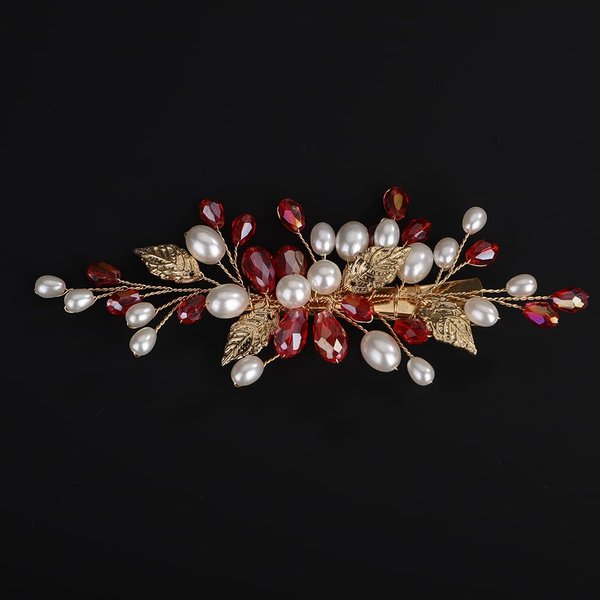 BERYUAN Pearls Red Crystal Leaves Hair Clips Crystal Rhinestone Pearls Hairpiece Wedding Leaves Rhinestone Pearls Comb Clips Wedding Bridal Hair Clips for Wedding Women Girls (red)
