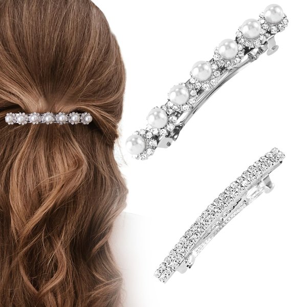 HINZIC 2Pcs Sparkly Rhinestone Hair Clips, Silver Pearl Barrettes Crystal French Hair Pins Wedding Prom Engagement Dressy Decorative Accessories for Women Girls Bride