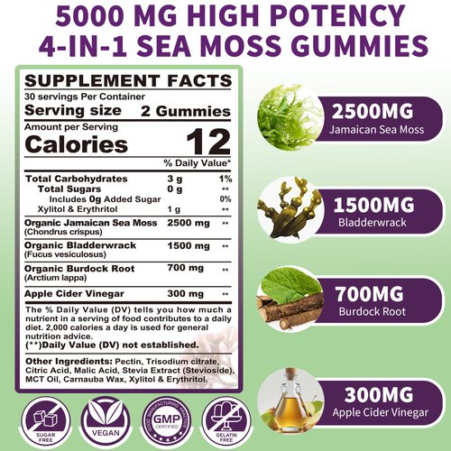 Sea Moss Supplement 5000mg, Sugar Free Sea Moss Gummies, Irish Sea Moss, Burdock Root, Bladderwrack, Apple Cider Vinegar, Organic Sea Moss, Immune System, Detox Cleanse, Thyroid Support, Vegan 60 Cts