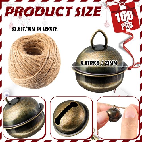 100 Pieces Christmas Bells 22mm Vintage Craft Bells Decorative Brass Bells Hanging Bronze Bell Ornaments 3 Piece Flax Rope for Wind Chimes Pet Dog Cat Pendants Christmas Tree Craft Decoration
