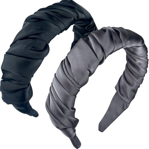 UDeBe Ruched Satin Headband,Ruffled Wide Headband, Fashion Folds Satin Turban Headbands Headwear Barrette Styling Tools Accessories for Girls and Women 2PCs Grey+Black