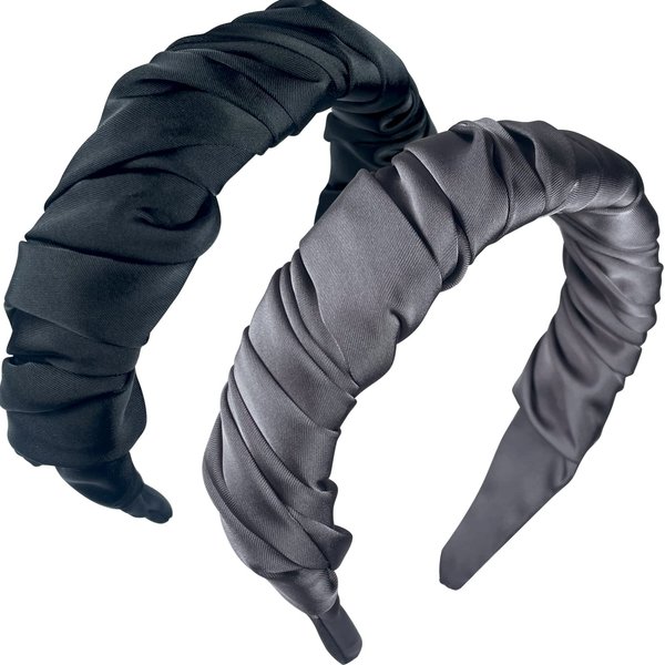 UDeBe Ruched Satin Headband,Ruffled Wide Headband, Fashion Folds Satin Turban Headbands Headwear Barrette Styling Tools Accessories for Girls and Women 2PCs Grey+Black