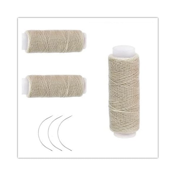 Ayina 3 Rolls Cotton Sewing Thread Hair Weaving Making Wig Extension Salon Weft Black Brown Beige with Curved Needles (Beige /3Pcs)
