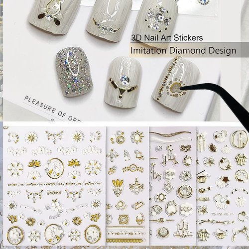 Zoance 20 Sheet 3D Nail Art Stickers,Gold/Diamond Design Luxury Embossed Self-Adhesive Nail Decals Customized Metallic Flower Nail Stickers for Women Girls Salon Home DIY Nail,Nail Tweezers Included