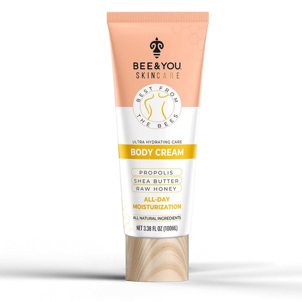 BEE and YOU Ultra Hydrating Body Cream Moisturizer, Shea Butter, Argan Oil, Vitamin B5, Raw Honey and Propolis Extract, 100% Natural, Fast Absorbing Skin Care, 3.38 fl. Oz