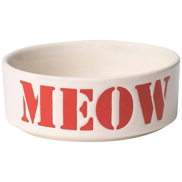 PetRageous 2 Cup Seaside Stencil Meow Bowl, 5", Natural/Red