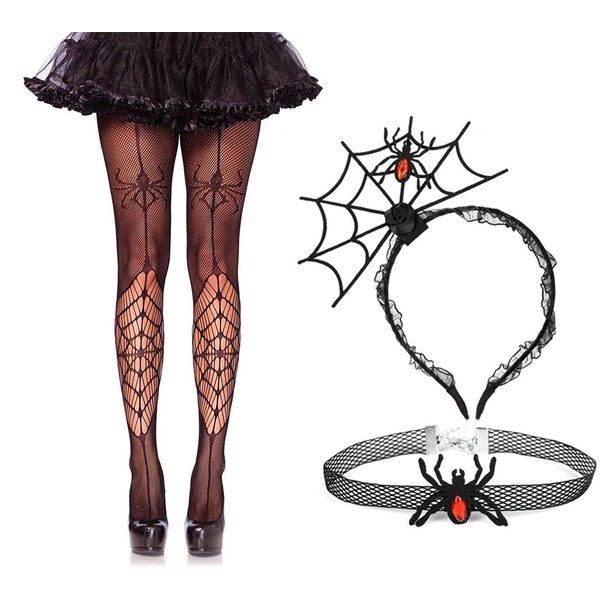 Halloween Women's Spider Web Costume Include Spider Fishnet Stocking Spider Web Headband with Necklace for Women Girls