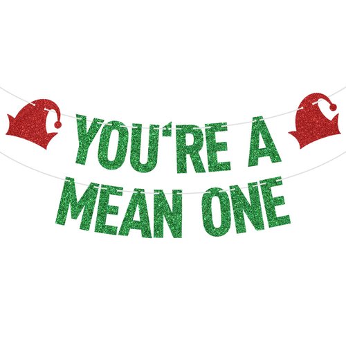 Green Glitter You're a Mean One Banner, Merry Christmas/Happy 1st Birthday, Grinch Christmas Themed Baby's 1st Birthday Baby Shower Party Decorations Supplies