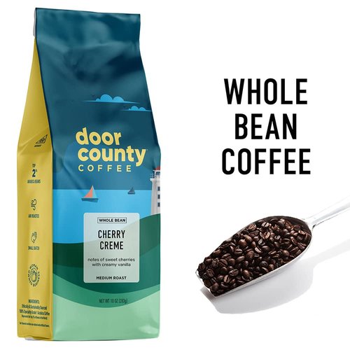 Door County Coffee - Cherry Creme, Cherry Creme Flavored Whole Bean Coffee - Medium Roast, 10 oz Bag