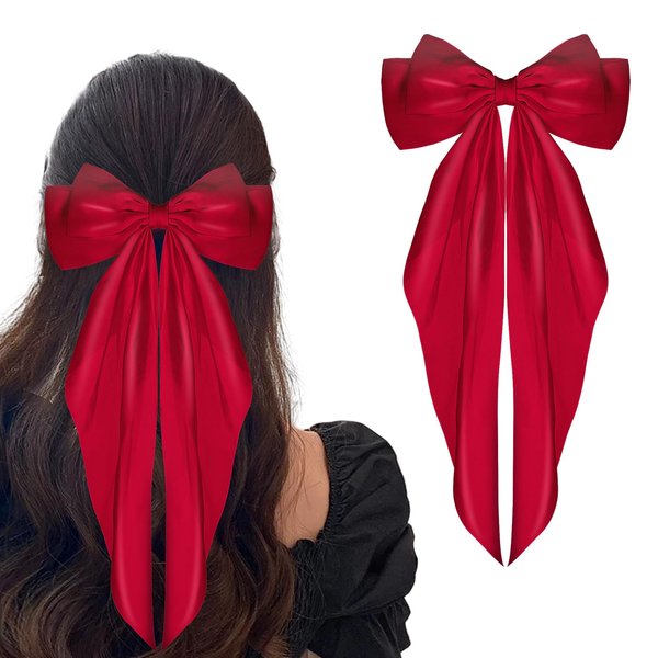 WLLHYF Big Bow Hair Clips Satin Silky Bow Barrettes Long Tail French Hair Bows Metal Hair Pins Bowknot Hair Clamps Hair Accessories for Women Girls Wedding Birthday Party (Red)