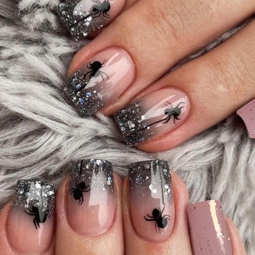 NEWSPIED 24Pcs Halloween Spider Press on Nails Short Square French Tip Fake Nails with Black Glitter Designs Halloween Glue on Nails Full Cover Glossy Artificial False Nails for Women Manicure Decor