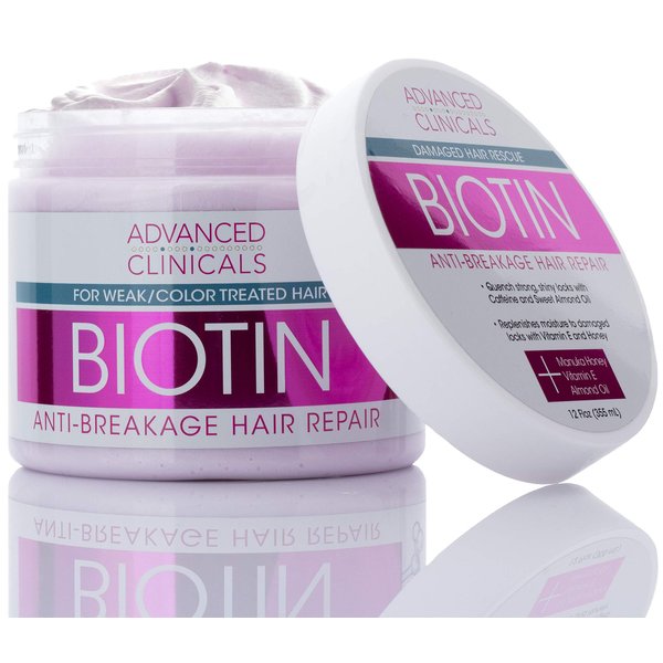 Advanced Clinicals Biotin Hair Treatment Anti-Breakage Repair Hair Mask. Strengthen Broken, Color-Treated Hair W/Repairing Deep Conditioner Manuka Honey & Caffeine, Hydrating Mask Restores Weak Hair