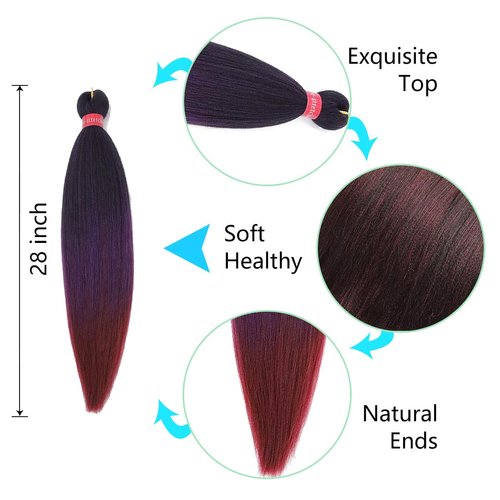 FAYETA Ombre Pre Stretched Braiding Hair, 28''-8 packs Silky Color Blend Braid Hair Extensions, 100% Kanekalon Synthetic Crochet Hair Braids, Yaki Texture Hair Braiding (28''-pack of 8, 1b/purple/bug)