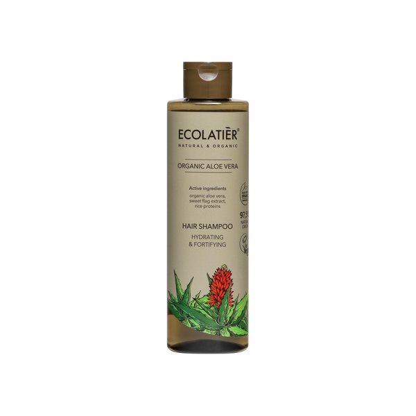 Hydrating & Strengthening Hair Shampoo with Organic Aloe Vera ECOLATIER, 250ml - 97.5% Natural, Vegan - Rice Proteins & Sweet Flag for Moisturized Hair - 8.5 Fl Oz