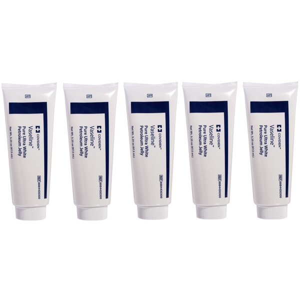 5 Pack Medical Grade Vaseline Pure Ultra White Petroleum Jelly, 3.25 oz (97.5 mL) Tubes ONLY by Kendall/Covidien