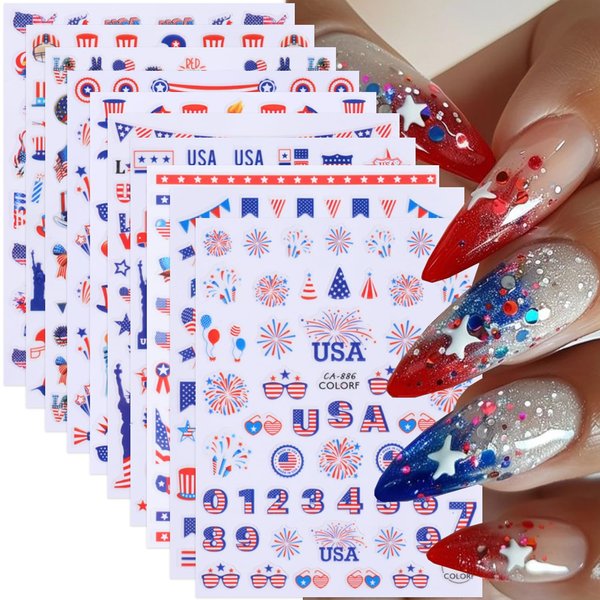 10 Sheets 4th of July Nail Art Stickers Patriotic Nail Decals 3D Self-Adhesive American Flag Independence Day Flame Butterfly Heart Nail Design Sticker Memorial Day Nail Decals for Holiday Nails