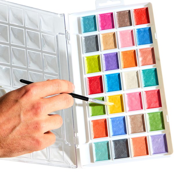Easy-Clean NonToxic 28 Shiny Colors Watercolor Set With Brush. Bright Washable Paint Is Fun Shiny And Quick Dry. Great Gifts For Kids And Beginners. Sturdy Case + Best Gifts for Children Activities.