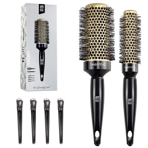 AM 8:00 Round Hair Brush for Blow Drying, Salon Blowout Hair Styling with Antistatic Bristles for Wet or Dry Hair, Ceramic Ion Thermal Barrel with 4 Hair Clips