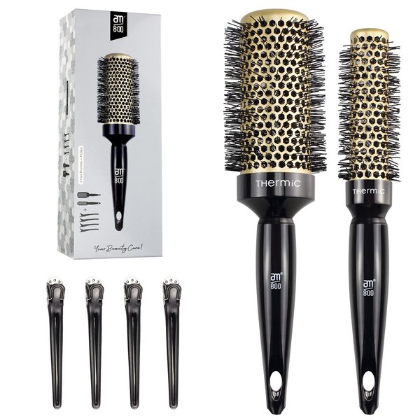 AM 8:00 Round Hair Brush for Blow Drying, Salon Blowout Hair Styling with Antistatic Bristles for Wet or Dry Hair, Ceramic Ion Thermal Barrel with 4 Hair Clips