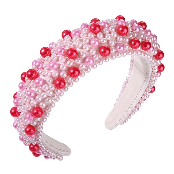 Crystal Headbands for Women, Valentines Day Padded Pearl Headband Bejewelled Rhinestone Pearl Bridal Hair Hoop Wedding Hair Accessories (Pink Rose Red)