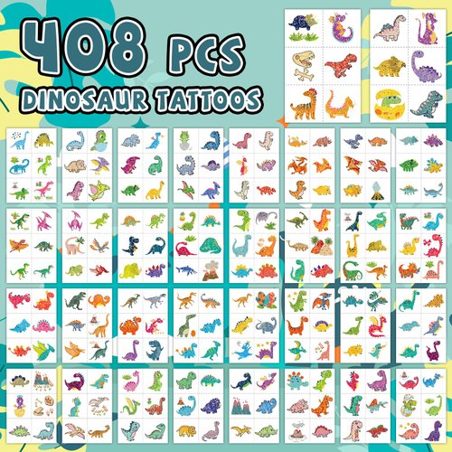 EMOME 408 Styles Glitter Temporary Tattoos for Kids, Dinosaur Tattoos Stickers Boys Waterproof, Dinosaur Theme Party Favors Supplies Decorations Gifts for Children Birthday