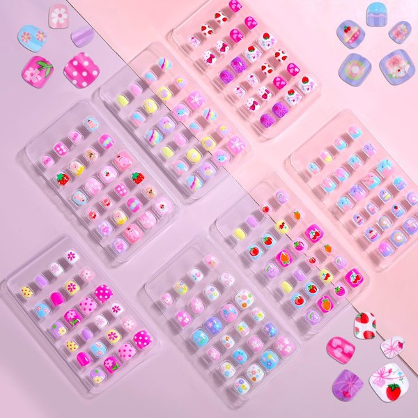 168Pcs Kids Press on Nails for Little Girls, Shynek Children Square Fake Nails for Kids Pre Glue Stickers Nails Full Cover Short Acrylic Nails Set Gifts for Girls Nail Art Decoration