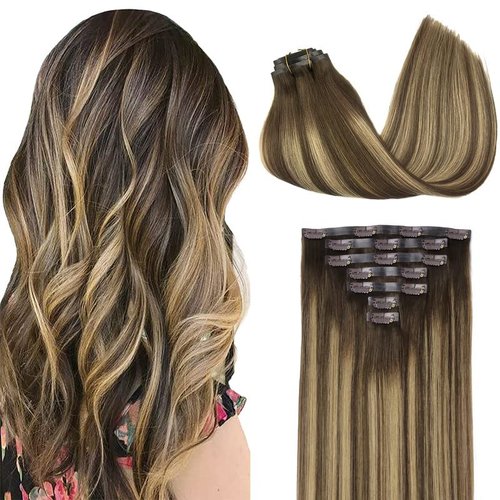 GOO GOO Clip in Hair Extensions Real Human Hair, 18inch 110g 7Pcs, 4/27/4 Balayage Chocolate Brown to Caramel Blonde, Remy Human Hair Extensions Clip ins for Women, Natural Human Hair