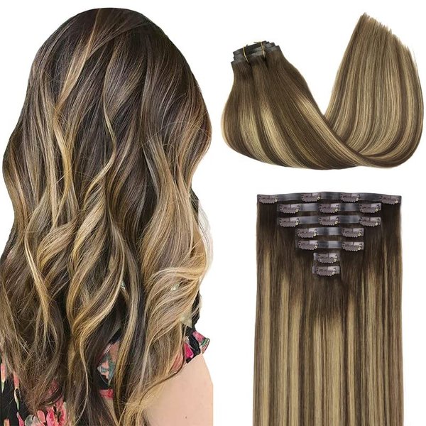 GOO GOO Clip in Hair Extensions Real Human Hair, 18inch 110g 7Pcs, 4/27/4 Balayage Chocolate Brown to Caramel Blonde, Remy Human Hair Extensions Clip ins for Women, Natural Human Hair