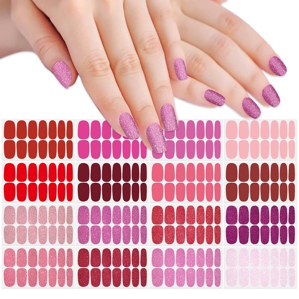 SILPECWEE 16 Sheets Red Glitter Nail Wraps for Women Solid Color Nail Polish Strips Self Adhesive Nail Polish Stickers Fingernail Manicure Sticker Nail Art with 1pc Nail File (Lovely Color)
