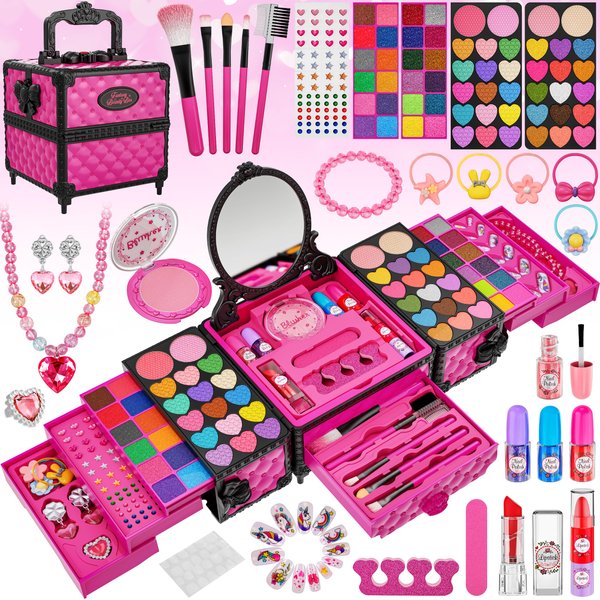 98 Pcs Kids Makeup Kit for Girls, Princess Toys Real Washable Cosmetics Set with Mirror, Hair Ties, Nails, Rings, Earrings, Necklace, Perfect for 3 4 5 6 7 8 Year Old Girls Birthday
