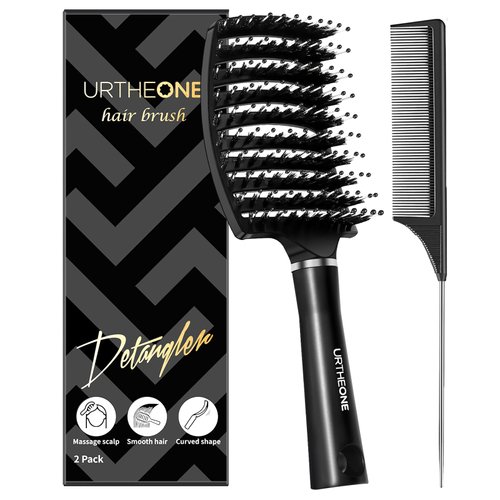URTHEONE Hair Brush,Detangling Hairbrush Boar Bristle Hair Brushes for Women Men Kids Curly Thick Long Short Wet or Dry Hair, Curved Vented Detangler Brush for Faster Blow Drying (Black)