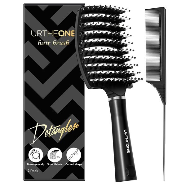URTHEONE Hair Brush,Detangling Hairbrush Boar Bristle Hair Brushes for Women Men Kids Curly Thick Long Short Wet or Dry Hair, Curved Vented Detangler Brush for Faster Blow Drying (Black)