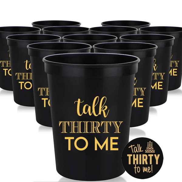 Talk Thirty to Me 30th Birthday Party Cups and 1"Talk Thirty to Me" Button Set of 12, 16oz Black and Gold 30th Birthday Stadium Cups, Perfect for Birthday Parties, Birthday Decorations!