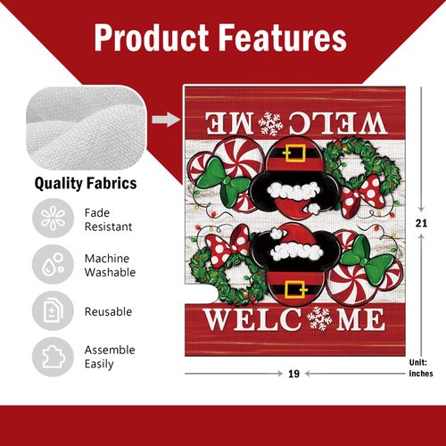 FBCOO Welcome Christmas Mouse Santa Mailbox Cover Magnetic Standard Size 21" x 19", Xmas Peppermint Candy Wreath Decorative Post Letter Box Decor, Farmhouse Holiday Garden Yard Outdoor Decoration