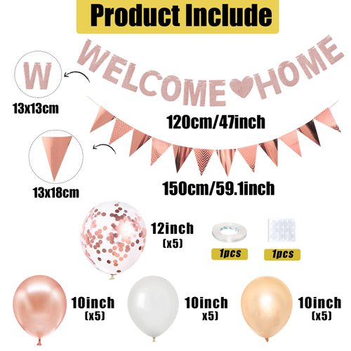 Welcome Home Decorations,Rose Gold Welcome Home Balloons Banners Set,Welcome Home Glitter Banner with Confetti Balloons,Pennant Flag Bunting for Home Family Baby Shower Welcome Back Party Supplies