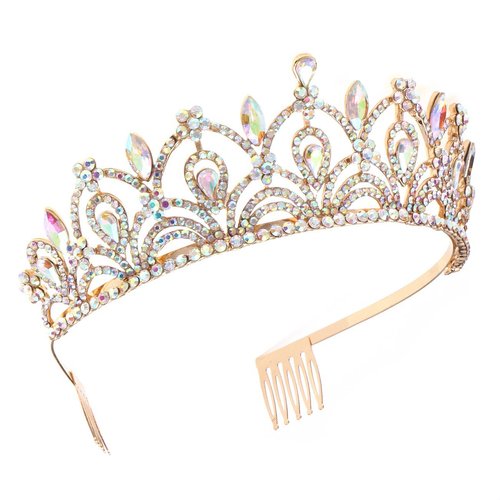 Weddingtopia Gold AB Tiaras and Gold Ab Crowns Plus Gold Necklace set For Free– Bridal Gold Ab Tiara Crown with side combs Birthday Gold AB Tiara and Crowns (Gold Ab)