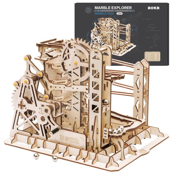 ROKR 3D Assembly Wooden Puzzle Brain Teaser Game Mechanical Gears Set Model Kit Marble Run Set Unique Craft Kits Christmas/Birthday/Valentine's Gift for Adults & Kids Age 14+(LG503-Lift Coaster)