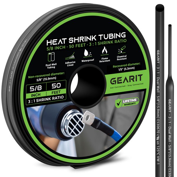 GEARit 5/8 inch Heat Shrink Tubing - 3:1 Ratio Adhesive Lined, Marine-Grade Waterproof Industrial Shrink Wrap, Dual-Wall Tubing, UL Approved - 50FT Roll - Black