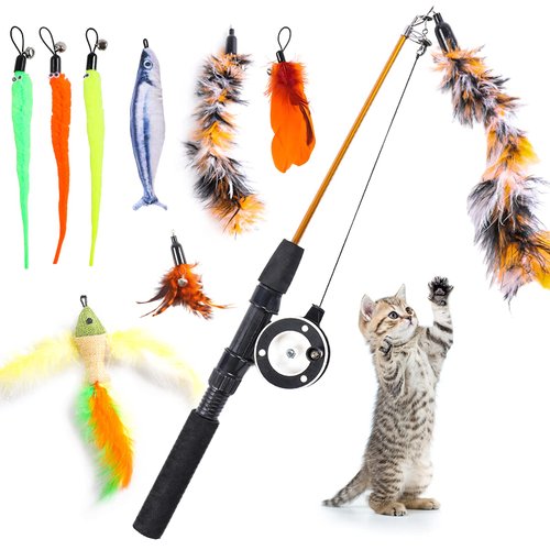 APSUAE 9 PCS Cat Fishing Pole Toy, Retractable Cat Feather Toys with Cat Wand Plush Fish Worm Feathers with Bells Catnip Interactive Cat Teaser Toys for Kitten Cat