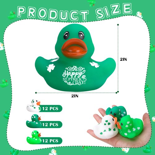 Wehhbtye 36Pcs St. Patrick's Day Rubber Ducks - 2 inch Green Shamrock Irish Day Rubber Duckies - Squeaky Green Duck Pool Float Bath Decor Gift for Irish St. Patrick's Day Easter Day Party Favor