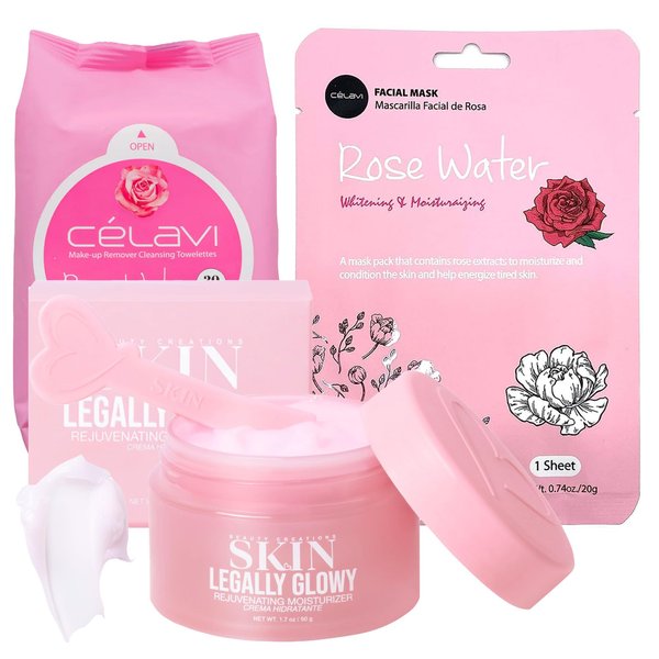 Glam Lux Bundle of 3 Korean Skincare Vegan Beauty Creations Legally Glowy Rejuvenating Moisturizer, Célavi Korean Makeup Remover Cleansing Wipes & Korean Facial Mask Paraben, Sulfate & Oil Free