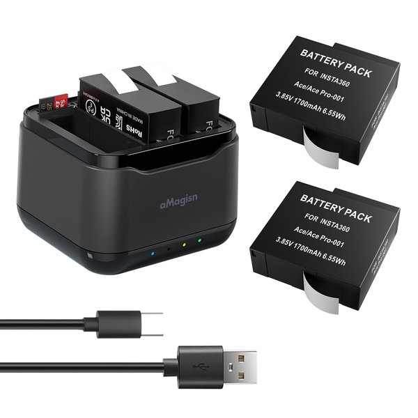 Aovee 360 Ace Series Battery(2 Packs 1800mAh) with Fast Battery Charger Hub Compatible with Insta360 Ace Pro/Ace,Quick Portable Battery Charging Storage Station with Misro SD Card Slot