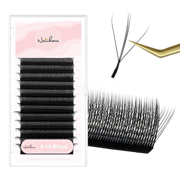NATUHANA Sandwich Clover W Shape Eyelashes Extension Dual-Core 3D Premade Fans 0.07mm D Curl 9-15mm Mixed Tray Lash Extensions Blooming Flower Eyelash 12 Rows/Case (S3D black;0.07 D, 9-15 MIX)