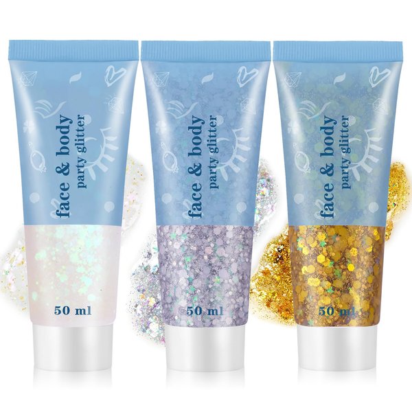 DAMUSI 3 Colors Face Glitter Gel Body Glitter Holographic Hair Glitter for Kids,Face Glitter Makeup,Chunky Sequins Face Body Hair Glitter Gel,Festival Rave Accessories (Gold+Silver+White)